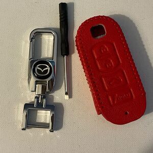 Mazda Key Fob Keychain in metal & Fob Case Cover in Red Leather NWT